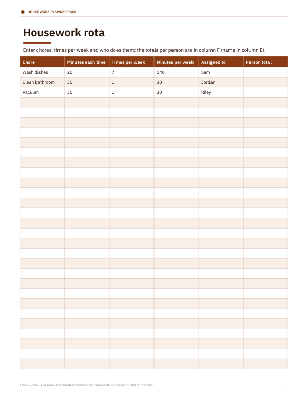 Preview of Printable Housework Rota Sheet